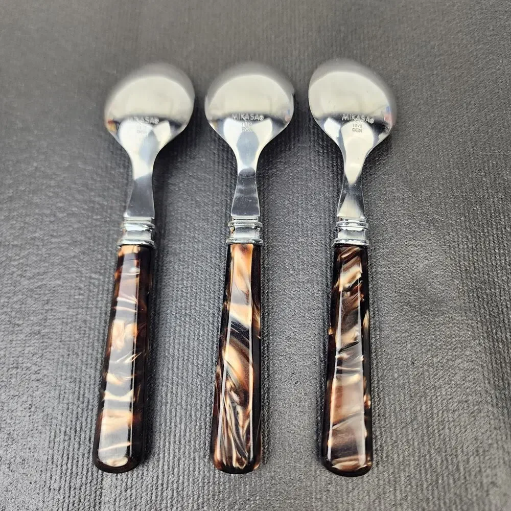 3 MIKASA 18/0 Tortoise Handle Flatware Brown Acrylic Handle Teaspoons 6.5